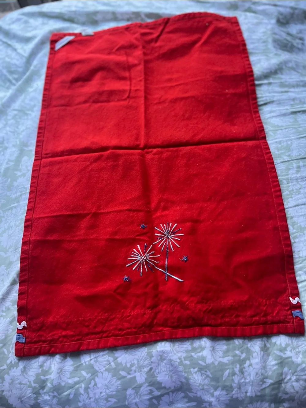 Vintage Red Embroidered Kitchen Towel with Ruffle Trim